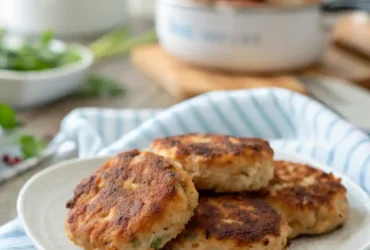 Golden brown chicken patties cooked in an air fryer, served on a white plate over a striped kitchen towel.