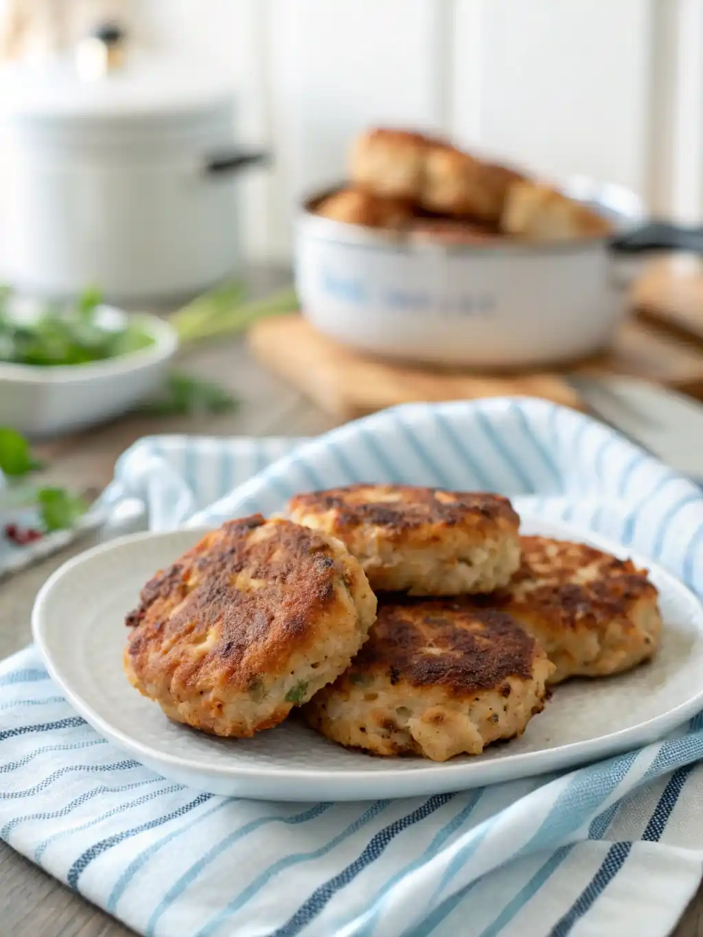 Golden brown chicken patties cooked in an air fryer, served on a white plate over a striped kitchen towel.