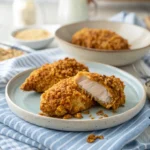 Plate of crispy Cornflake Chicken Air Fryer, showing tender interior