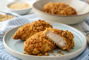 Plate of crispy Cornflake Chicken Air Fryer, showing tender interior