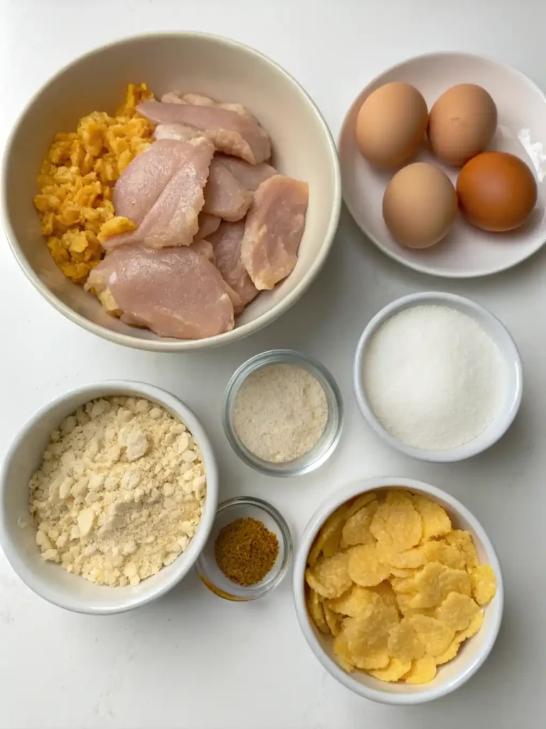 Ingredients for Cornflake Chicken Air Fryer: raw chicken, cornflakes, eggs, spices
