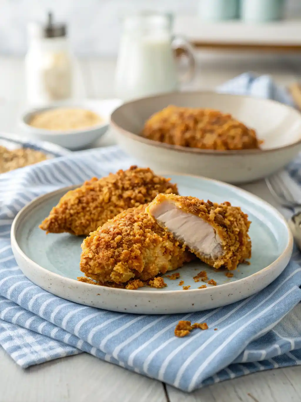 Plate of crispy Cornflake Chicken Air Fryer, showing tender interior