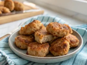 Plate of golden brown ground chicken nuggets cooked in an air fryer, served on a striped blue towel.