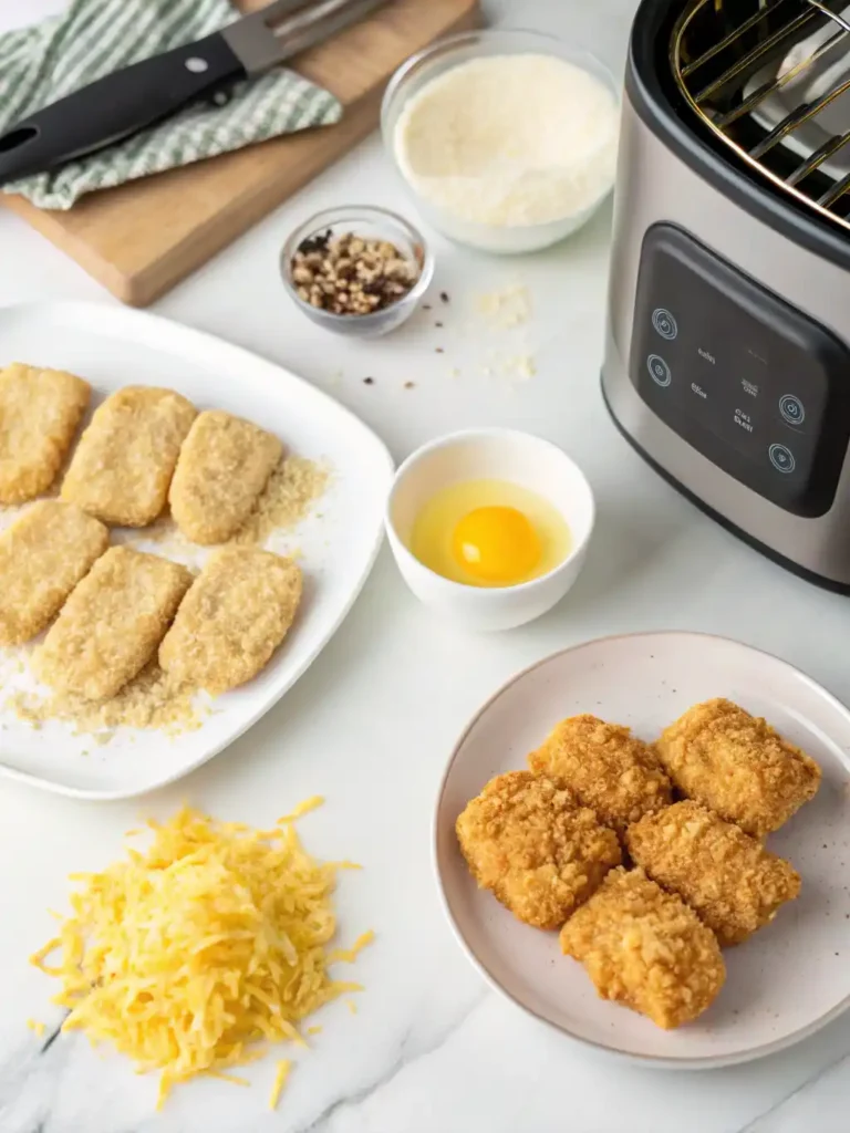 Ground chicken nuggets being prepped for the air fryer with ingredients like shredded cheese, egg, breadcrumbs, and spices arranged on a counter.