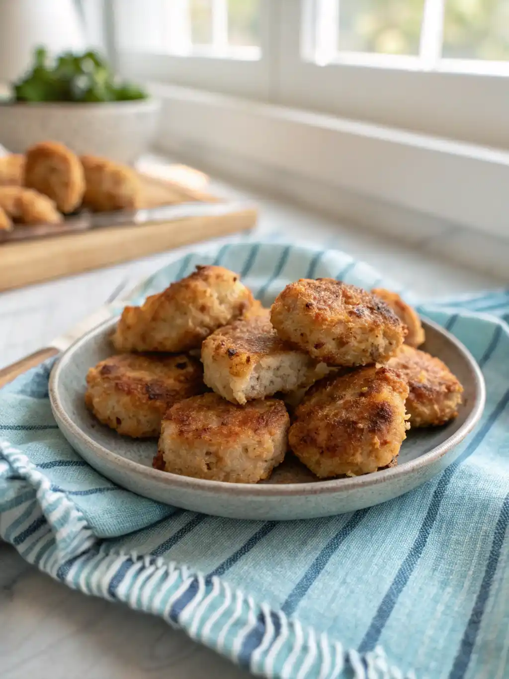 Plate of golden brown ground chicken nuggets cooked in an air fryer, served on a striped blue towel.