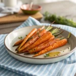 Air fryer honey roasted carrots served on a plate, garnished with herbs and a drizzle of honey.