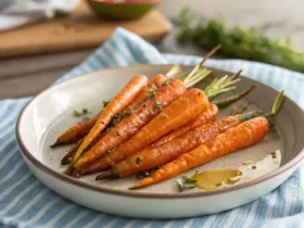 Air fryer honey roasted carrots served on a plate, garnished with herbs and a drizzle of honey.