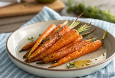 Air fryer honey roasted carrots served on a plate, garnished with herbs and a drizzle of honey.