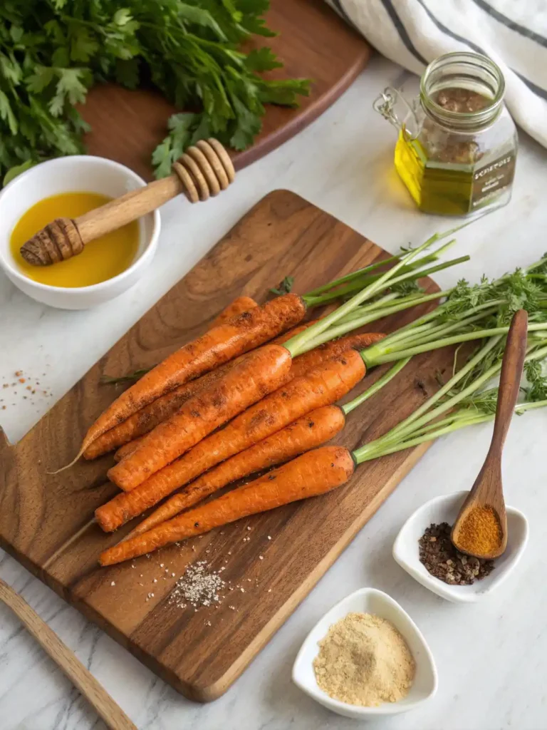 Raw carrots on a cutting board with honey, olive oil, and spices for air fryer honey roasted carrots.