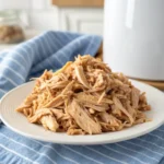 Plate of shredded chicken cooked in an air fryer, served on a blue-striped cloth.