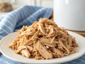 Plate of shredded chicken cooked in an air fryer, served on a blue-striped cloth.