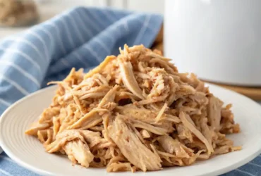 Plate of shredded chicken cooked in an air fryer, served on a blue-striped cloth.