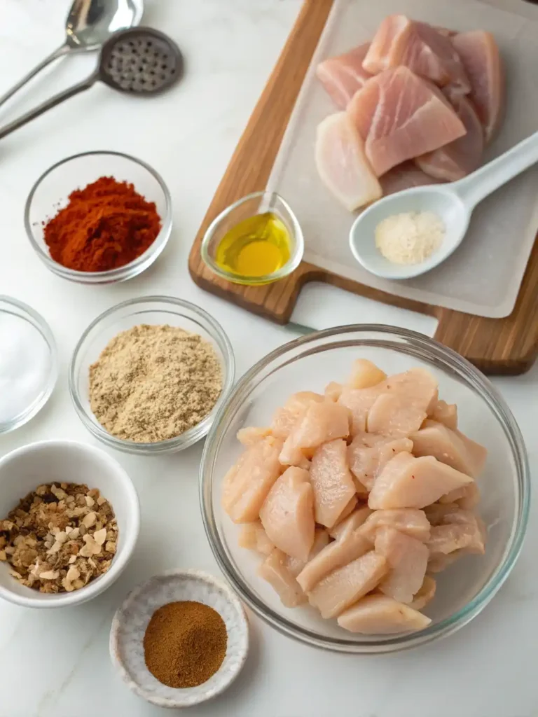 Ingredients for air fryer shredded chicken, including diced chicken breast, paprika, garlic powder, oil, and other spices in bowls