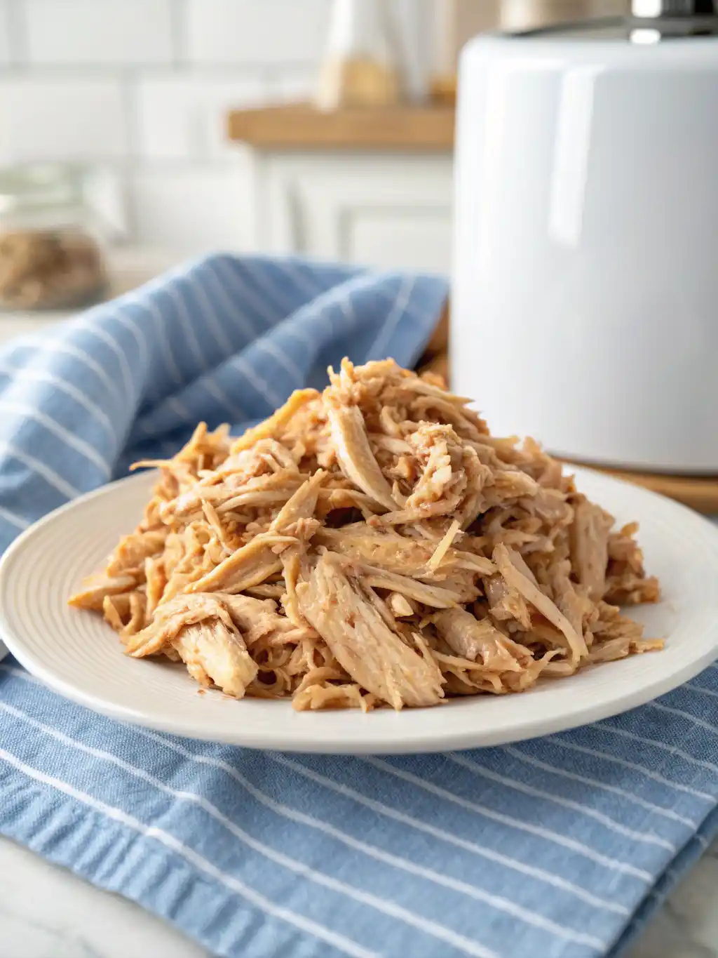 Plate of shredded chicken cooked in an air fryer, served on a blue-striped cloth.