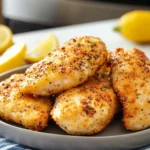 Golden brown air fryer lemon pepper chicken breasts on a plate, served with lemon wedges.