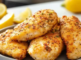 Golden brown air fryer lemon pepper chicken breasts on a plate, served with lemon wedges.