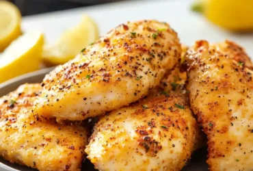 Golden brown air fryer lemon pepper chicken breasts on a plate, served with lemon wedges.