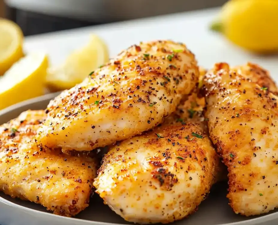 Golden brown air fryer lemon pepper chicken breasts on a plate, served with lemon wedges.