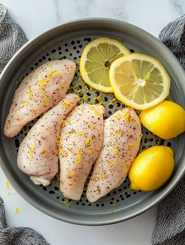 Raw chicken breasts seasoned with black pepper and lemon zest in an air fryer basket, with fresh lemon slices