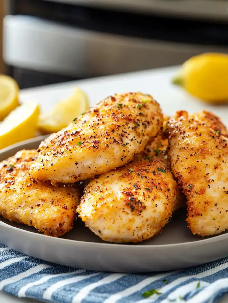 Golden brown air fryer lemon pepper chicken breasts on a plate, served with lemon wedges.