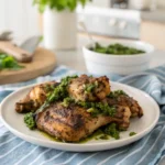 Grilled Chimichurri Chicken thighs served on a plate, cooked in an air fryer and topped with green chimichurri sauce.