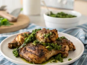 Grilled Chimichurri Chicken thighs served on a plate, cooked in an air fryer and topped with green chimichurri sauce.