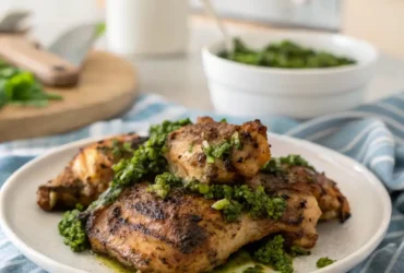 Grilled Chimichurri Chicken thighs served on a plate, cooked in an air fryer and topped with green chimichurri sauce.