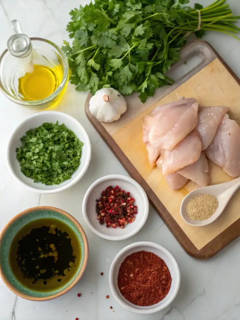 Top view of ingredients for Chimichurri Chicken Air Fryer raw chicken, parsley, garlic, olive oil, and assorted spices on a white background.