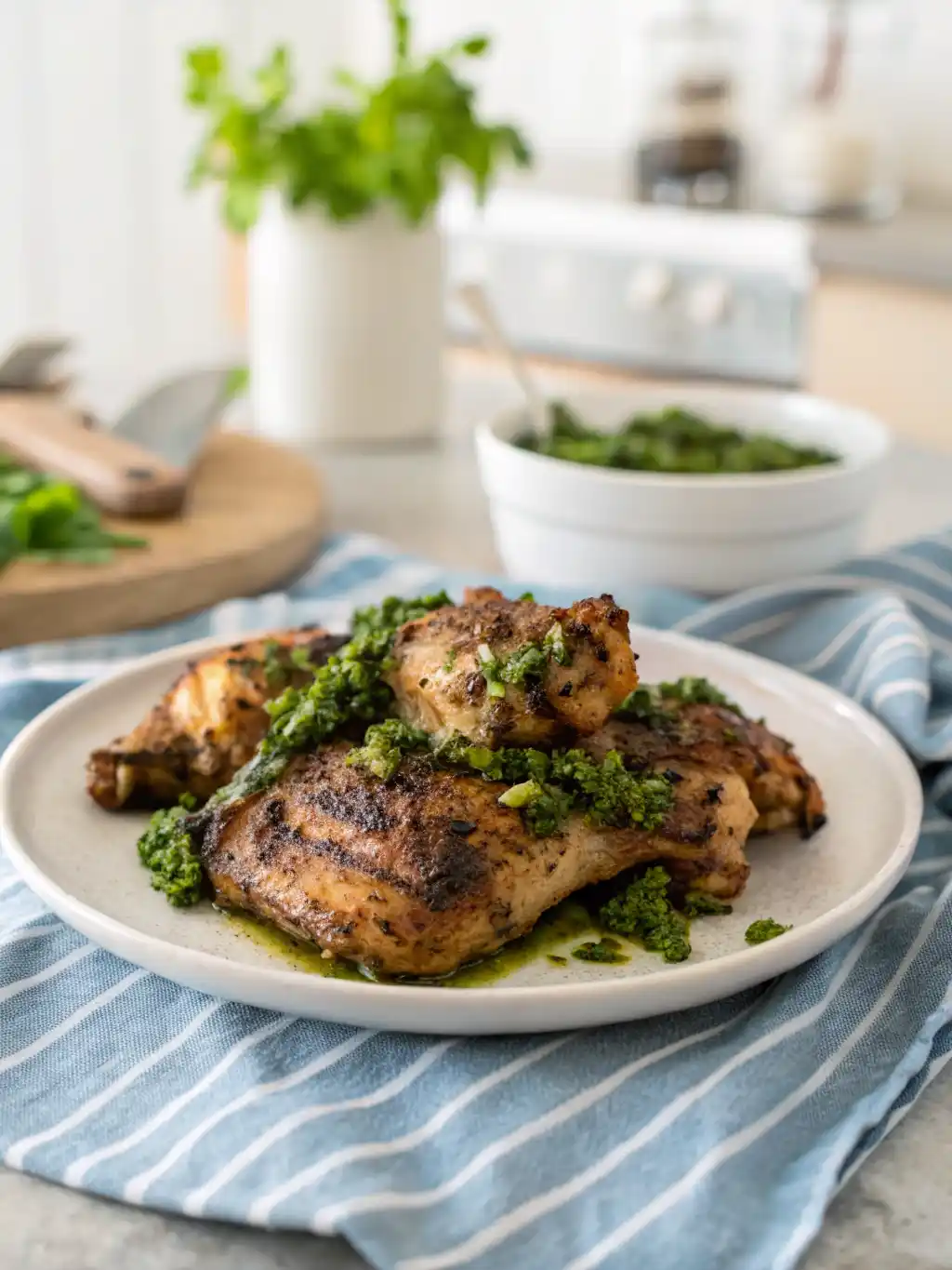 Grilled Chimichurri Chicken thighs served on a plate, cooked in an air fryer and topped with green chimichurri sauce.