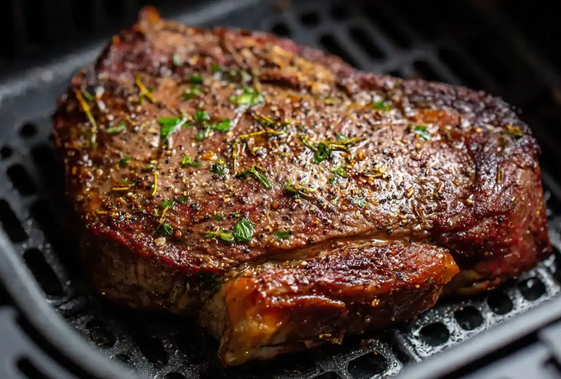 Juicy frozen steak cooked in an air fryer, seasoned with herbs and pepper.