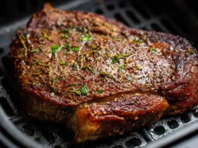 Juicy frozen steak cooked in an air fryer, seasoned with herbs and pepper.