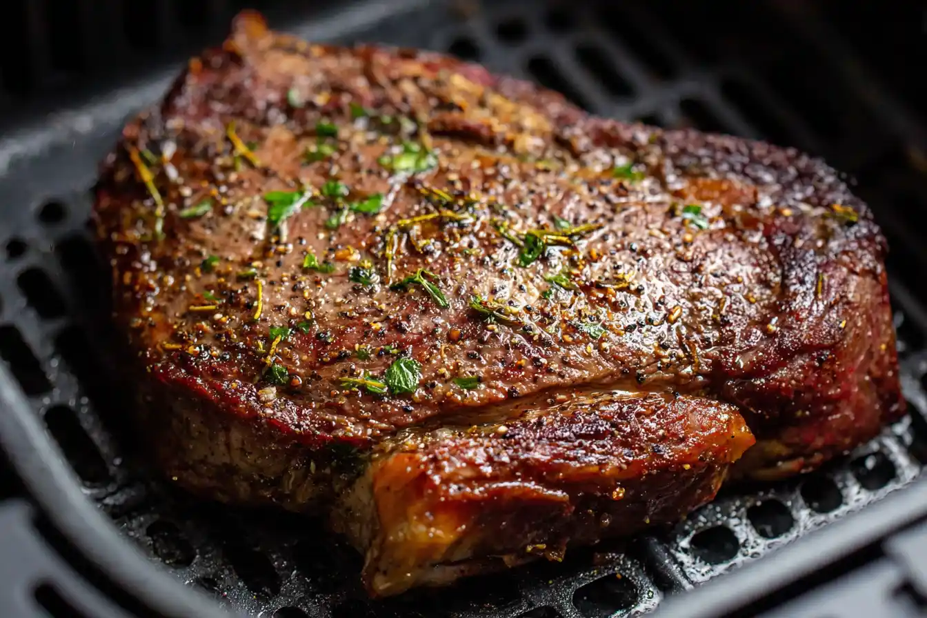 Frozen Steak 27 Juicy frozen steak cooked in an air fryer, seasoned with herbs and pepper.
