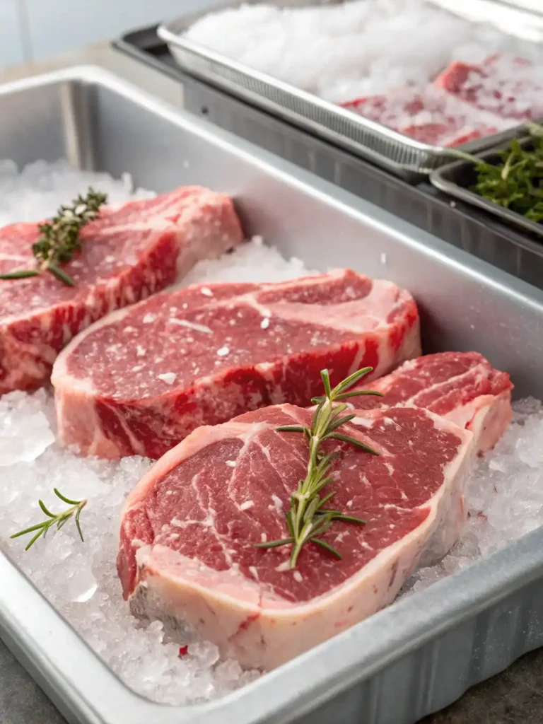 Frozen Steak 26 Frozen raw steaks on a tray of ice, topped with fresh rosemary and thyme.
